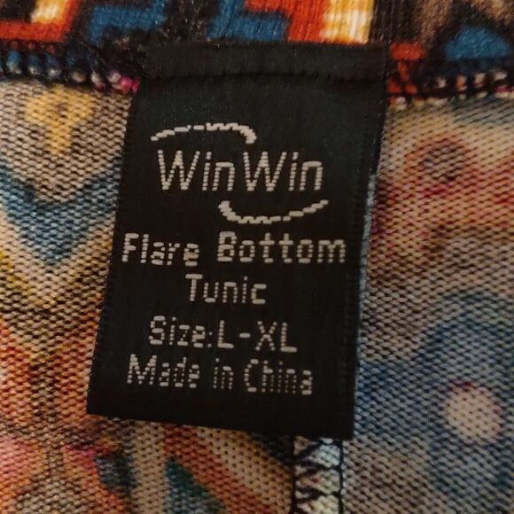 WinWin Size L XL Bell sleeve orange blue Geometric Boho‎ tunic v neck pullover - Picture 5 of 8